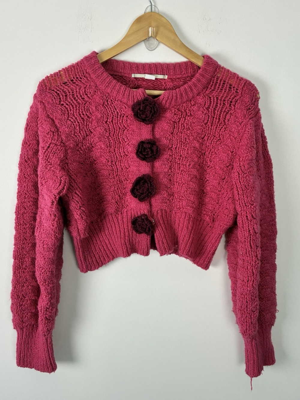 Kimchi Blue Pink Cropped Floral Rosette Button Cardigan Coquette Ballet Fairy XS